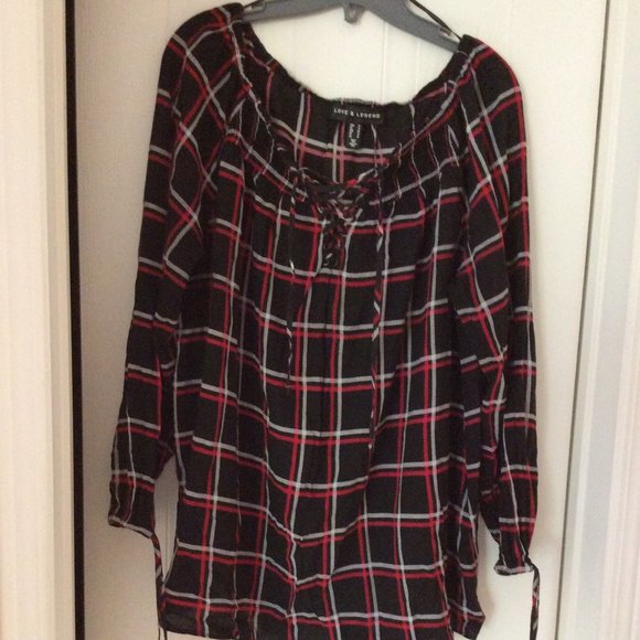 Love&Legend | Ladies Red, White & Black Lace up Plaid Blouse | Size 14 - Picture 4 of 13